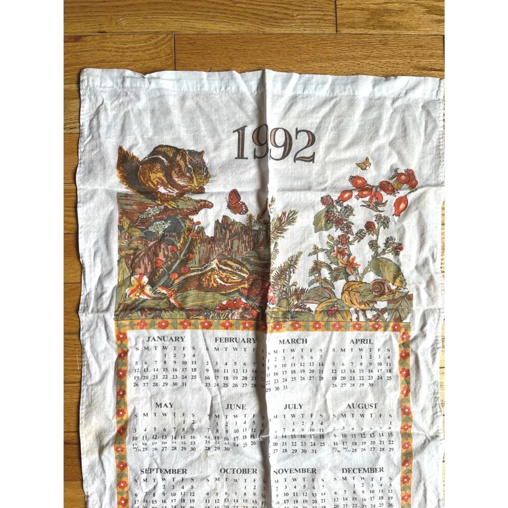 Vintage 1992 Cotton Calendar Tea Towel Nature‎ Chipmunk Wildlife Woodland 16x22